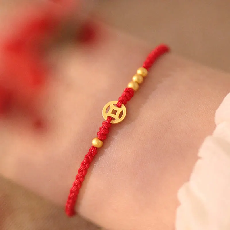 Copper Coin Braided Red String Bracelet