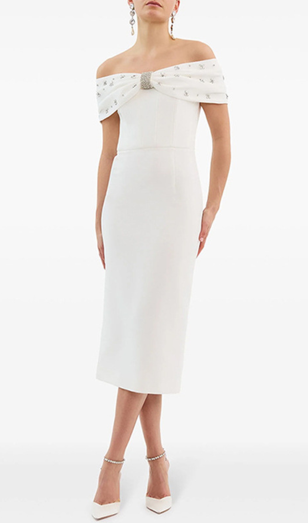  White Crystal Bardot Midi Dress Flowering Girl
