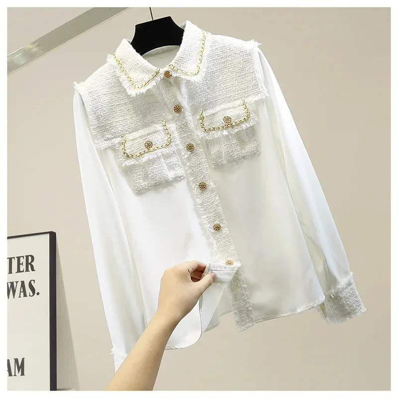 Huiketi Summer New Tweed Patchwork Chiffon Shirt Blouse Women Vintage Long Sleeve Gold Chain Pearls Weave Tassels Pocket Tops