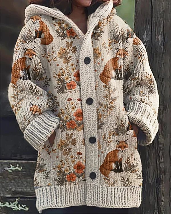 Animal Forest Fox Print Hooded Cardigan