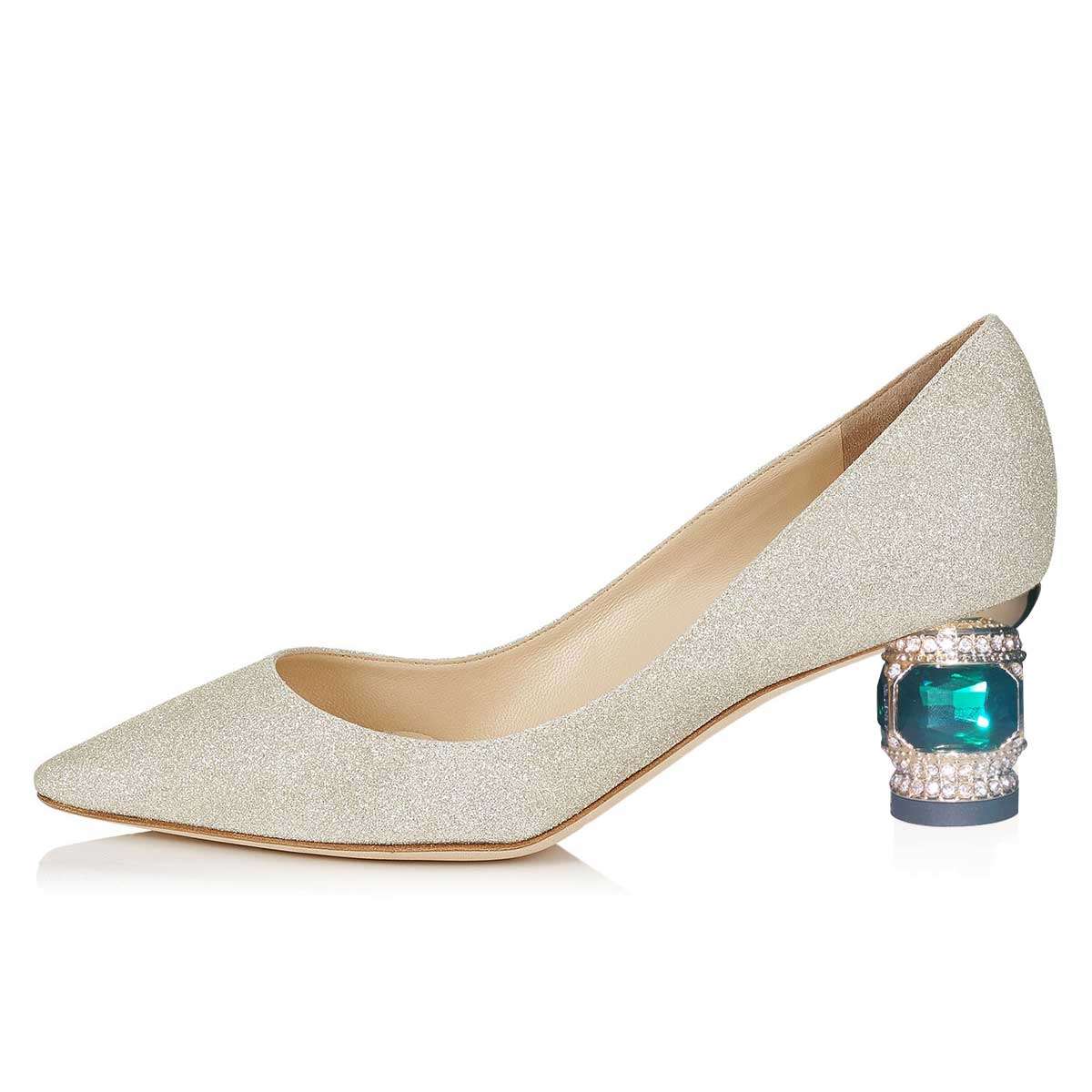 GOOSHOE Gold Leather Crystal Chunky Heel Pumps