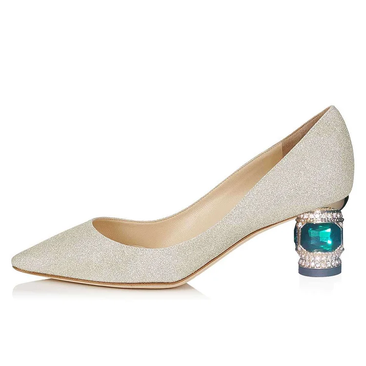 Women's Glitter Pointed Toe Rhinestone Low Heel Pumps |FSJ Shoes