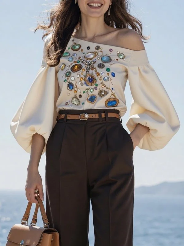 Long Sleeves Puff Sleeves Printed Off-The-Shoulder Blouses&Shirts Tops