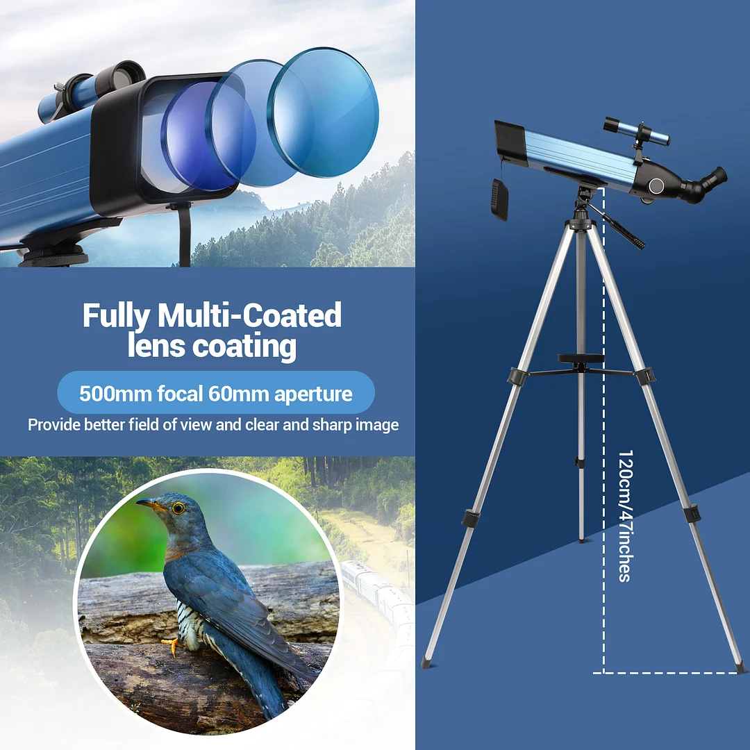 20X-167X HD Refractor Telescope for Adults Kids High Powered, with Finderscope and Tripod, 60mm Aperture Telescope for Viewing Stars