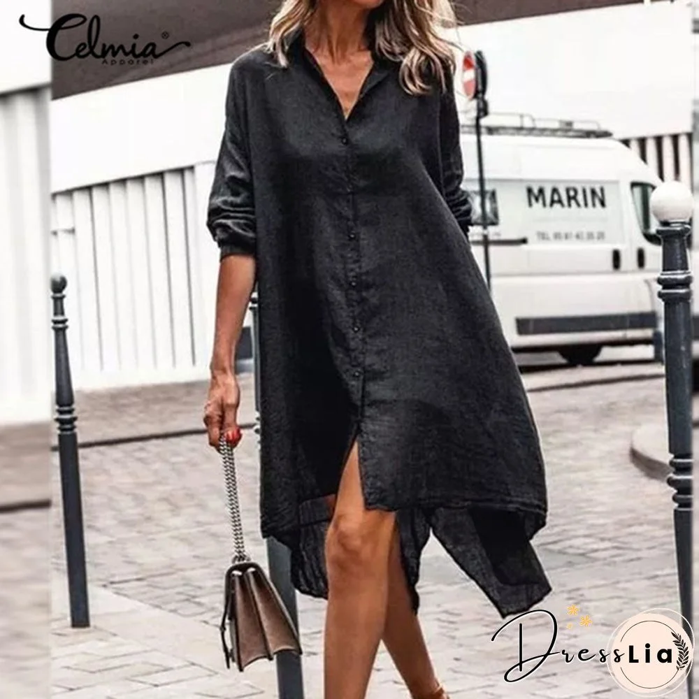 Celmia Women Cotton Long Sleeve Shirt Dress Fashion Irregular Split Hem Party Long Dress Vestidos Plus Size