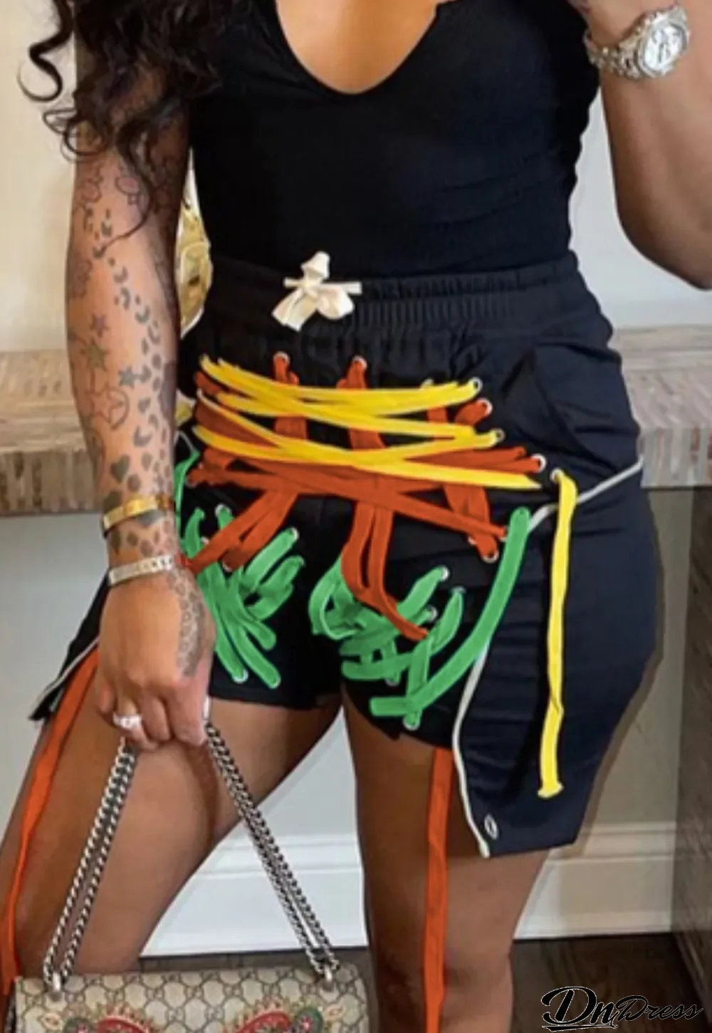 Summer Colorful Strings Black Drawstring Irregular Shorts
