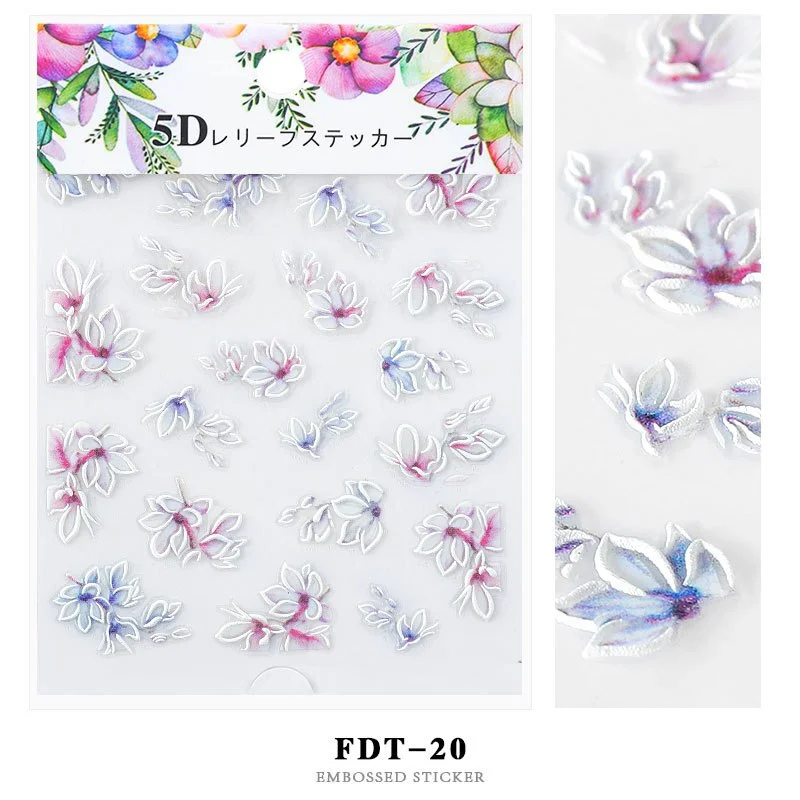 Nail Stickers Embossed 5D Flowers Leafs Designs Back Glue Nail Decals Decoration Tips For Beauty Salons-Nail Inspo