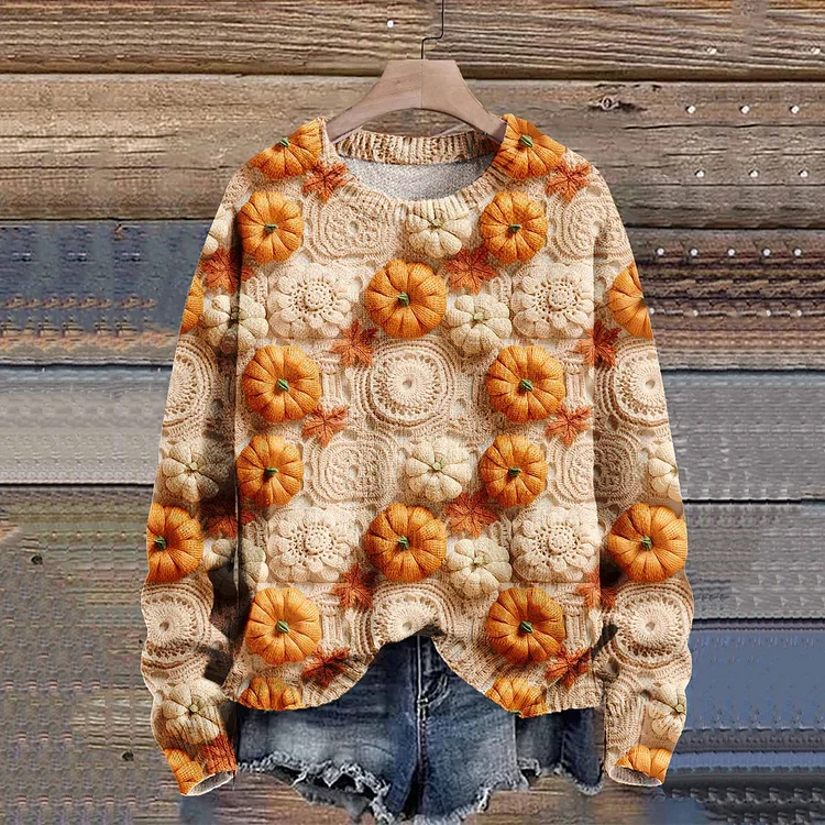 Pumpkin Autumn Season Halloween Art Print Knit Pullover Sweater