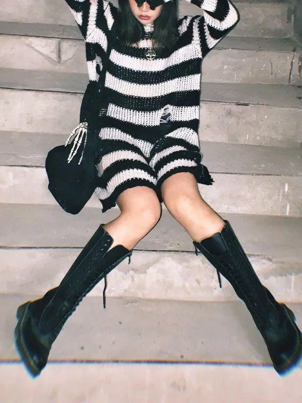 Brownm Distressed Stripe Longline Sweater