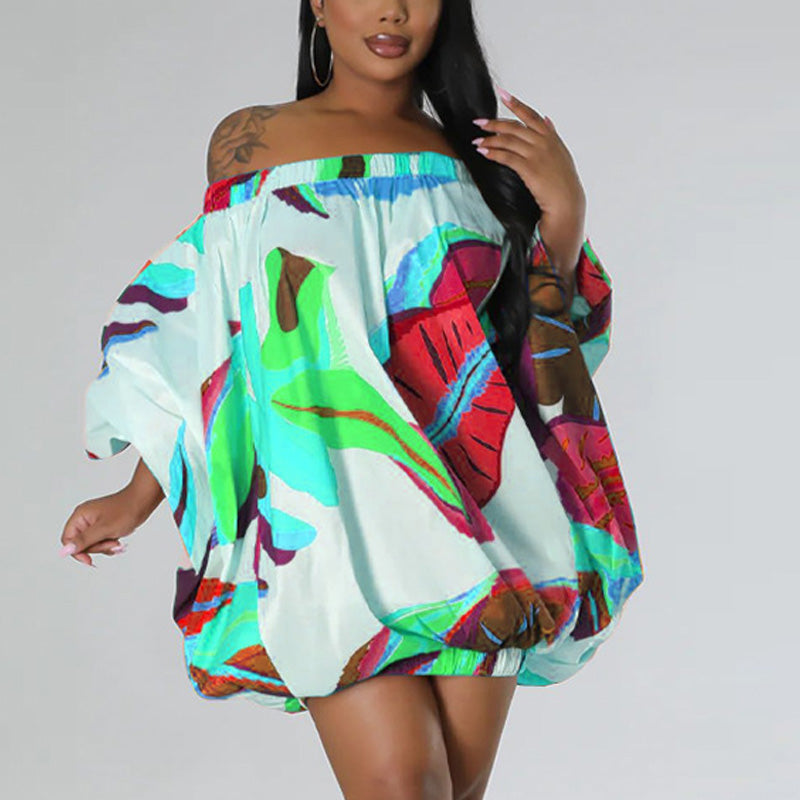 Abstract Print V Neck Dolman Sleeve Ruffle Tiered Mini Dress