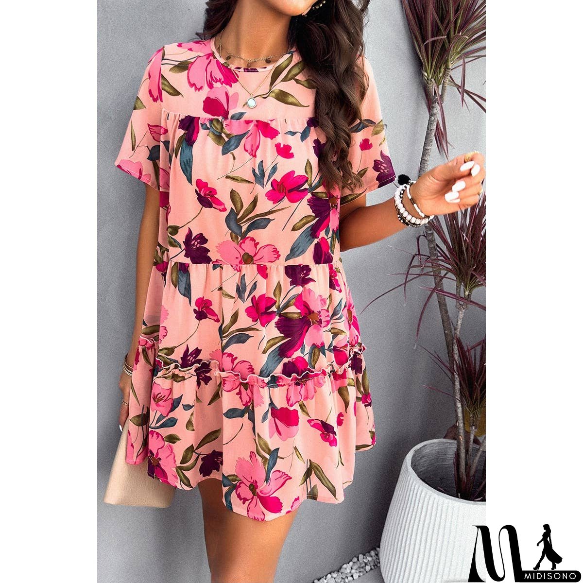 MidiSono - Knot Back Floral Lined Ruffle Loose Dress