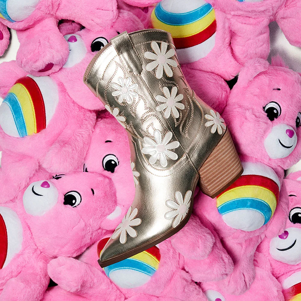 Champagne Pointed Toe Flower Stacked Heel Zipper Booties for Women