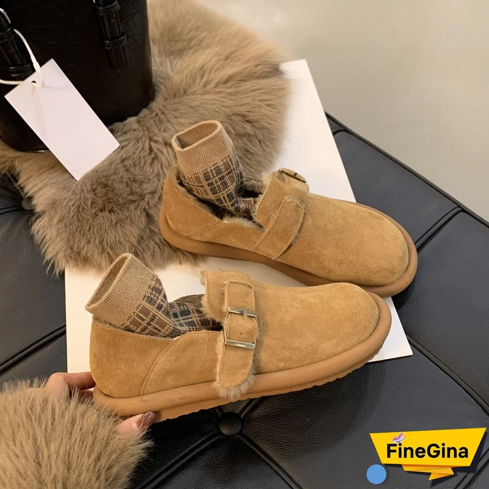 Women's Casual Solid Color Round Toe Flat Sole Plush Shoes