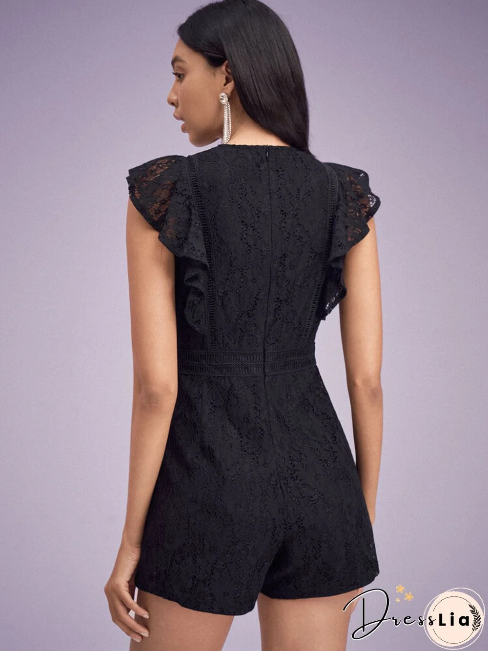 Lace Solid Ruffle Sleeve V-neck Romper For Women