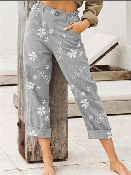 Women's Cotton Linen Floral Printed Casual Pants