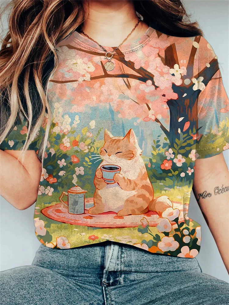 Women's Cherry Blossoms Cozy Cat Art Painting Print Casual T-Shirt