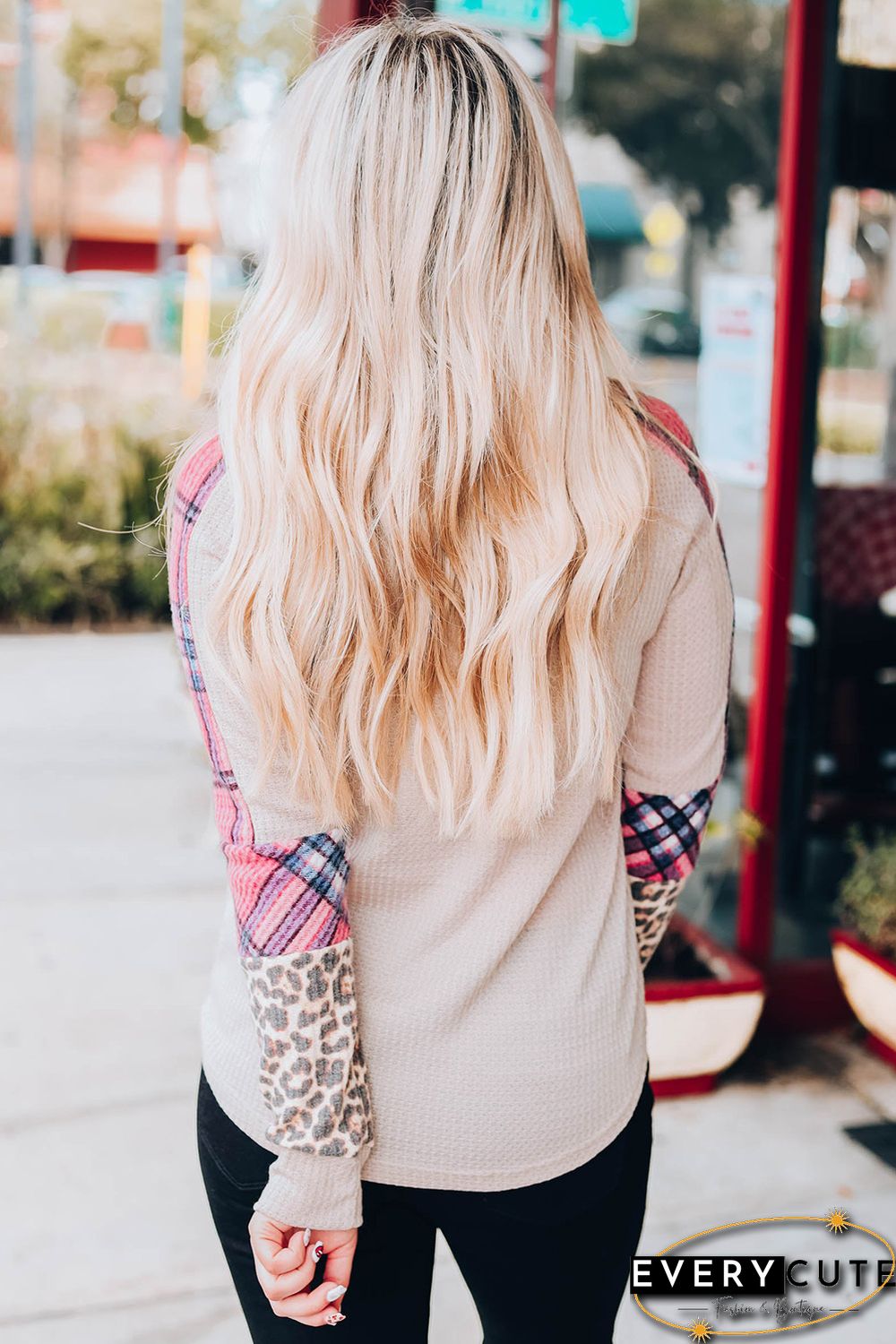 Khaki Checkered Leopard Raglan Sleeve Top