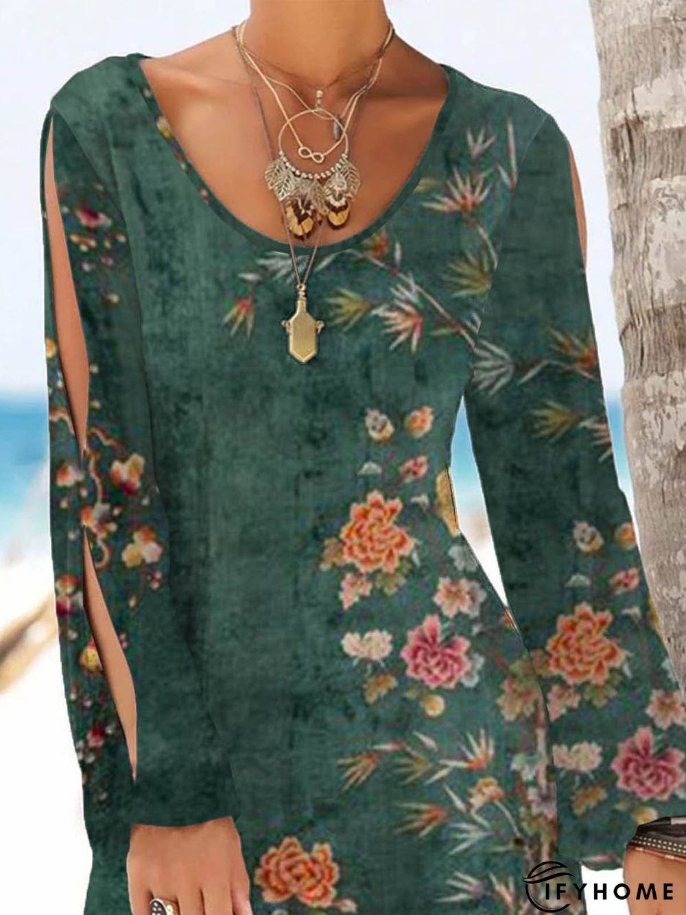 Cotton-Blend Vintage Long Sleeve Crew Neck Knitting Dress | IFYHOME
