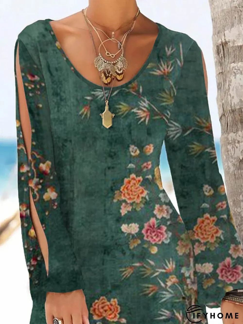 Cotton-Blend Vintage Long Sleeve Crew Neck Knitting Dress | IFYHOME