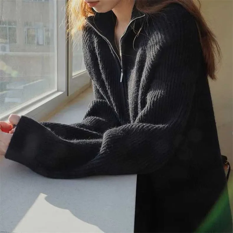 Churchf Churchf Lapel Half Zipper Wool Dress 2024 Autumn And Winter New Style With Loose Casual Long Knit Bottom Shirt Women