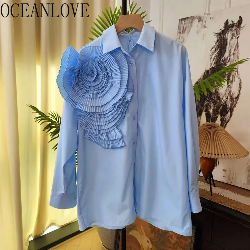 Oocharger Solid Spring Autumn Shirts&blouses 3D Flowers Vintage Korean Fashion Women Tops Elegant Sweet Party Blusas Mujer