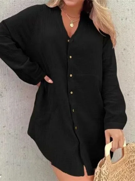 Style & Comfort for Mature Women Women Long Sleeve V-neck Soild Midi Dress