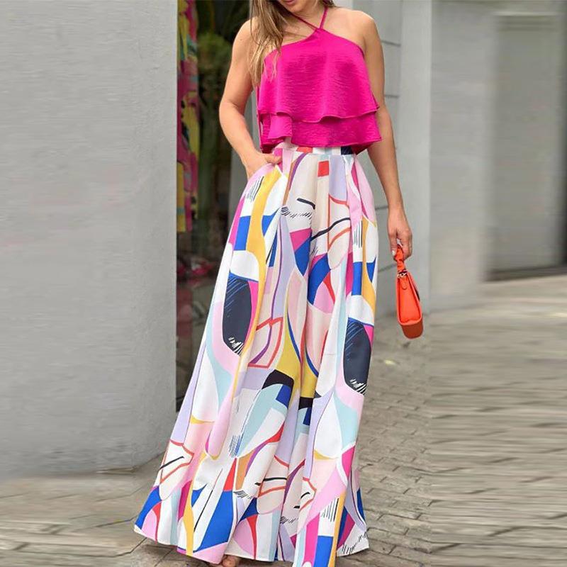Rotimia Fashion Ruffle Sleeveless Top Loose Maxi Skirt Set