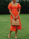 Solid Color Puff Sleeves Midi Dress