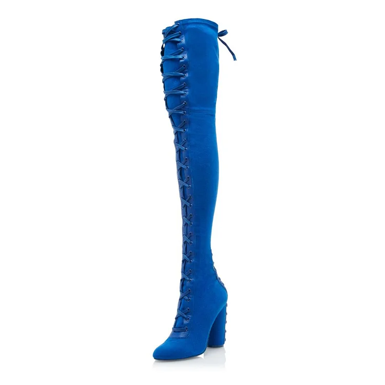 Blue Lace up Pointy Toe Chunky Thigh High Heel Boots |FSJ Shoes