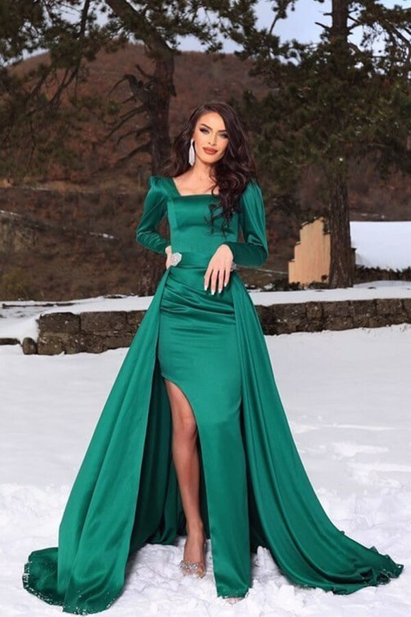 Oknass Dark Green Long Sleeves Mermaid Slit Prom Dress With Detachable Skirt