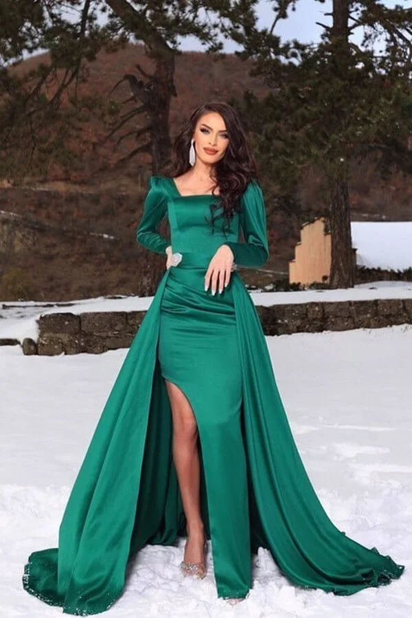 Daisda Dark Green Long Sleeves Mermaid Slit Prom Dress With Detachable Skirt