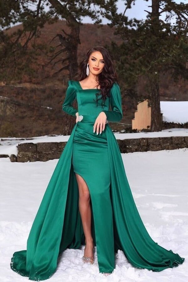 Dark Green Long Sleeves Slit Mermaid Prom Dress With Detachable Skirt | Ballbellas Ballbellas
