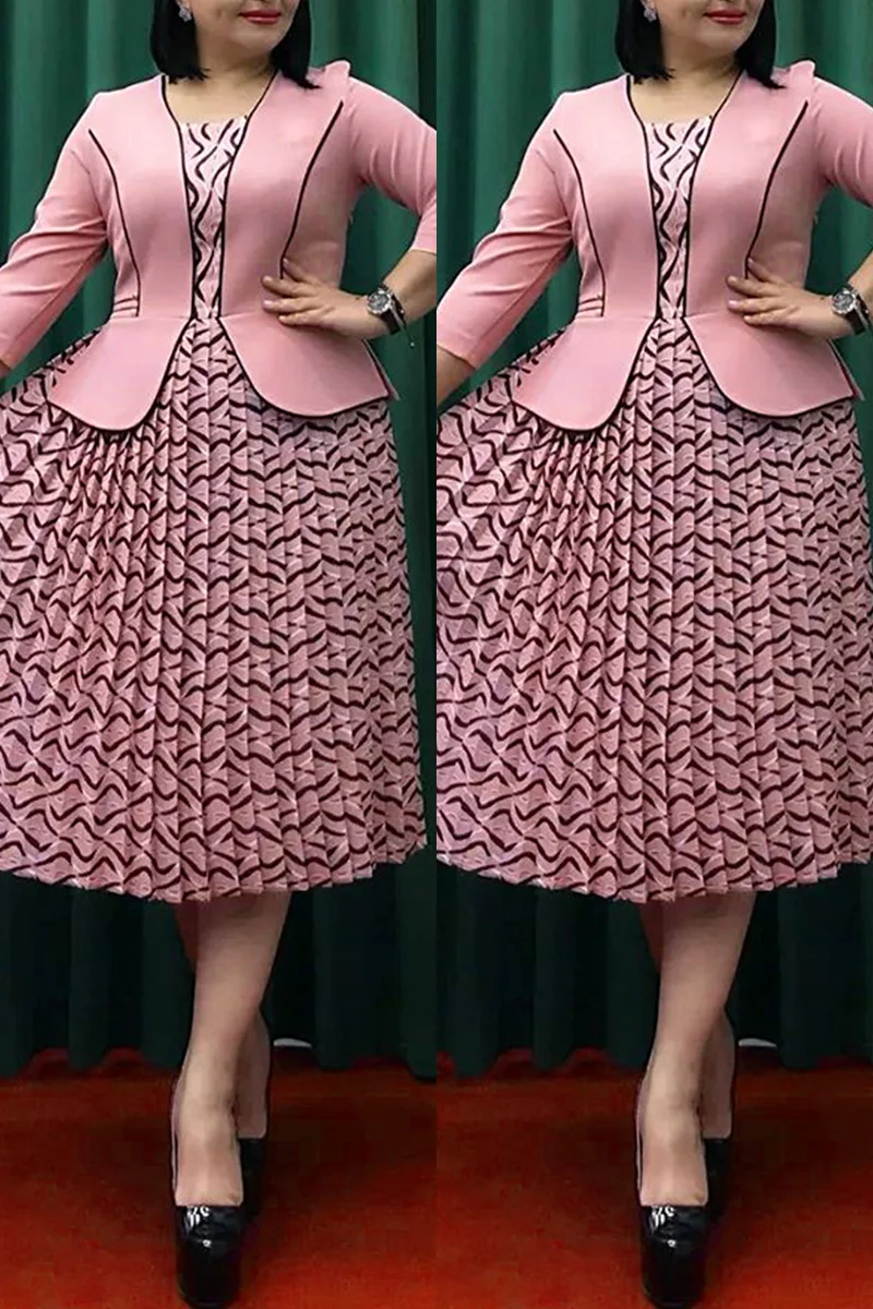 Pink Casual Print Patchwork O Neck A Line Plus Size Dresses