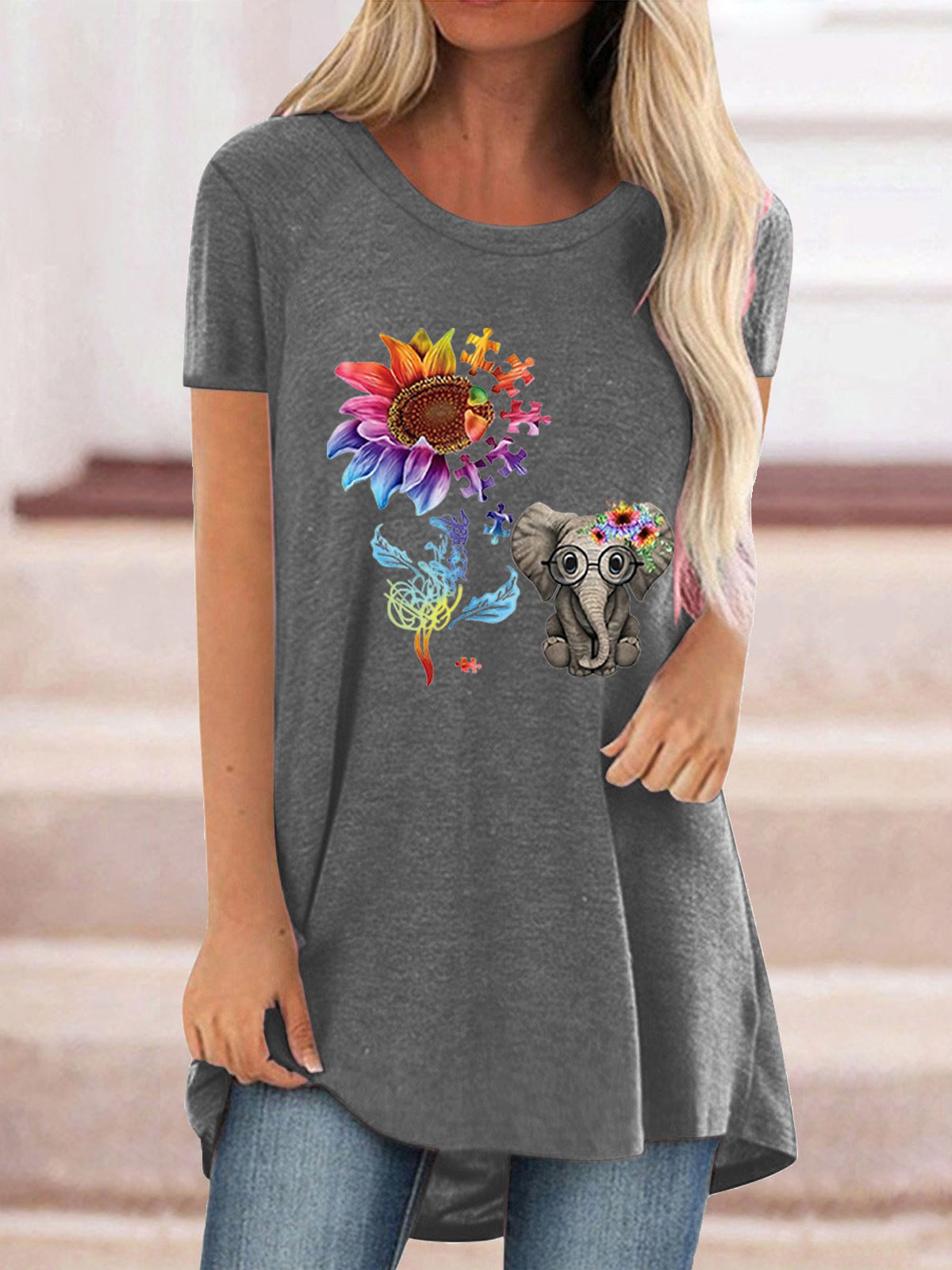 Women Casual Short Sleeve Scoop Neck Floral Printed Tops