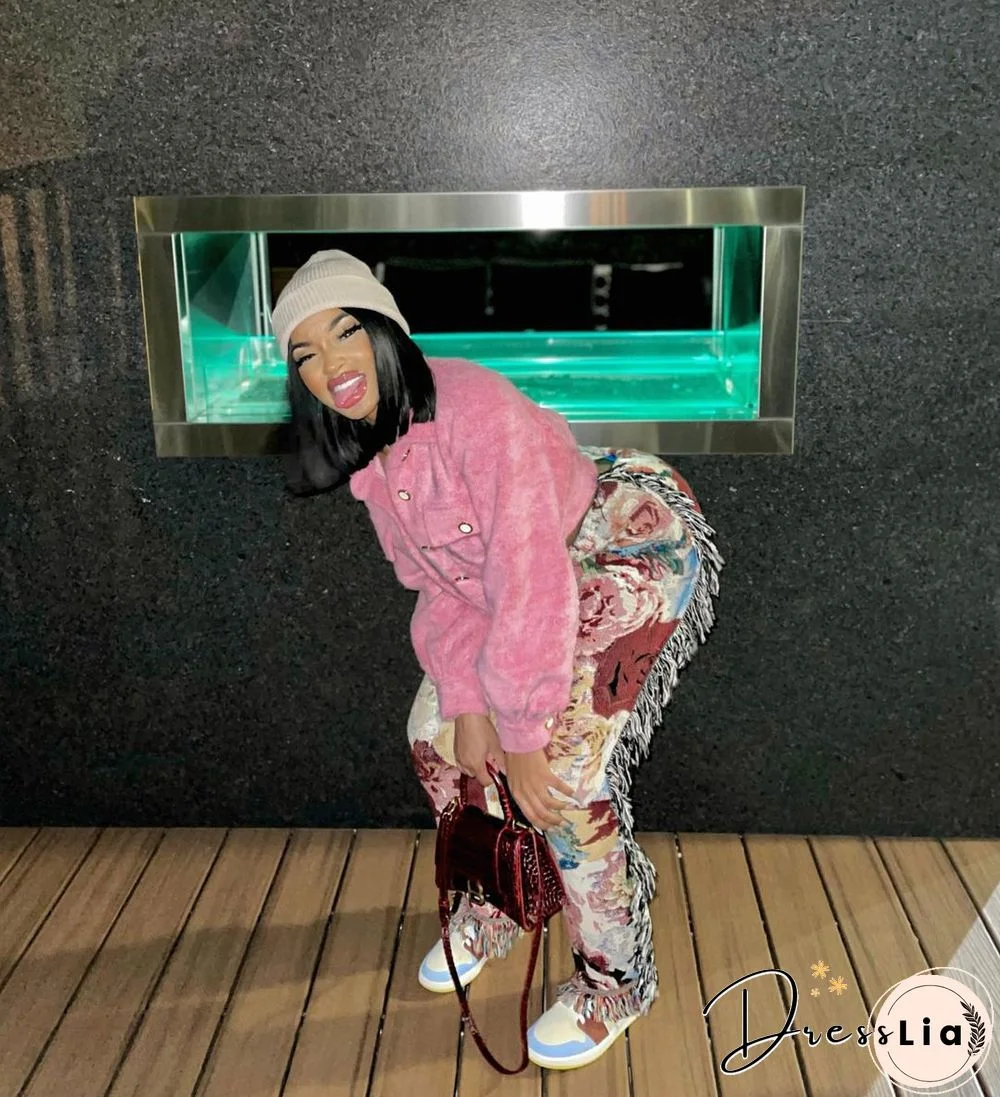 Side Tassels Patchwork Elastic Waist Women Print Jogger Pant