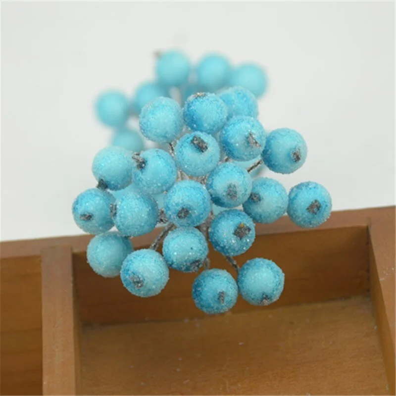 20pcs Mini Double Heads Artificial Glass Berries Pomegranate Red Cherry Bouquet Stamen Christmas Decorative DIY Craft Fake Fruit