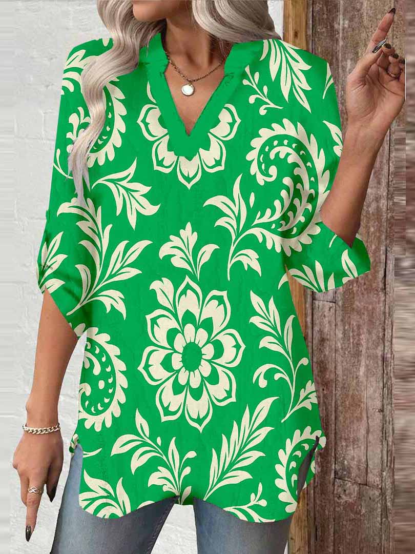 Women Floral, Green DZGA0162 3/4 Sleeve V-neck Printed Graphic Button Tops