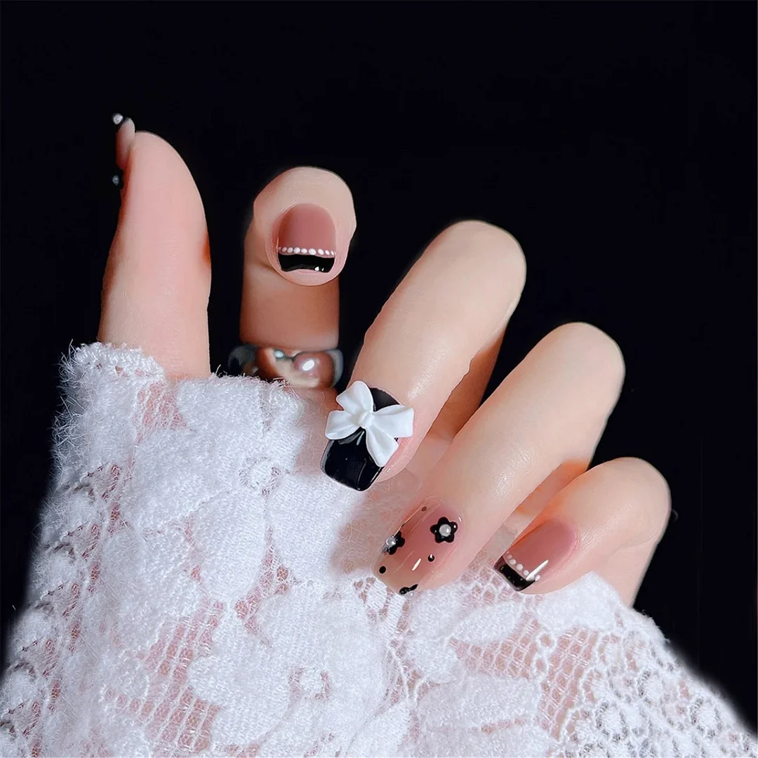 Short Fake Nails 24pcs Flower Print Wearable Finished Manicure Patch False Nails with Design Press On Nail Patch with Glue-Nail Inspo