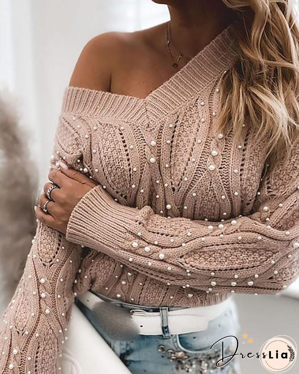 Beaded Long Sleeve Cable Knit Sweater P10185