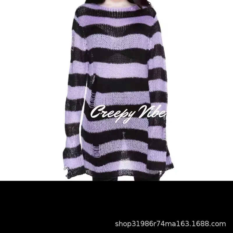 Churchf Churchf Hole Hollow Out In The Long Sweater Female Stripe Loose Color Dark Versatile Knit Niche Punk