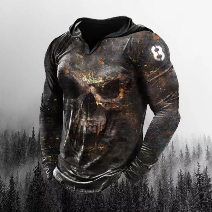 Vintage Metal Skull Print Men's Long-Sleeved Hooded