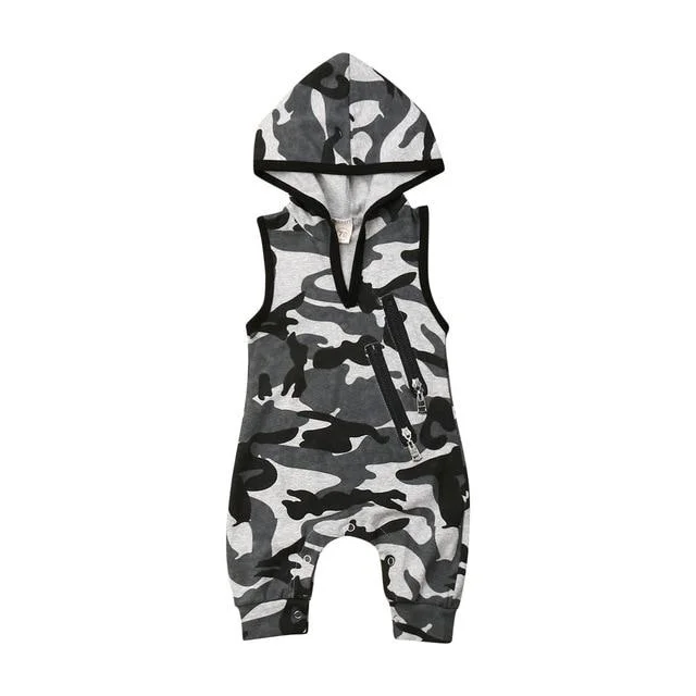2019 Baby Summer Clothing Newborn Toddler Baby Boy Fashion Hooded Rompers Camouflage Print Sleeveless Zip Jumpsuits 0-24M