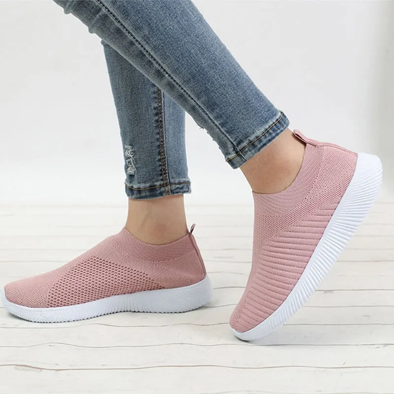 Plus Size 35-43 Women Mesh Flat Sneakers Autumn Female Vulcanized Knitting Shoes Ladies Slip On Breathable Casual Loafers