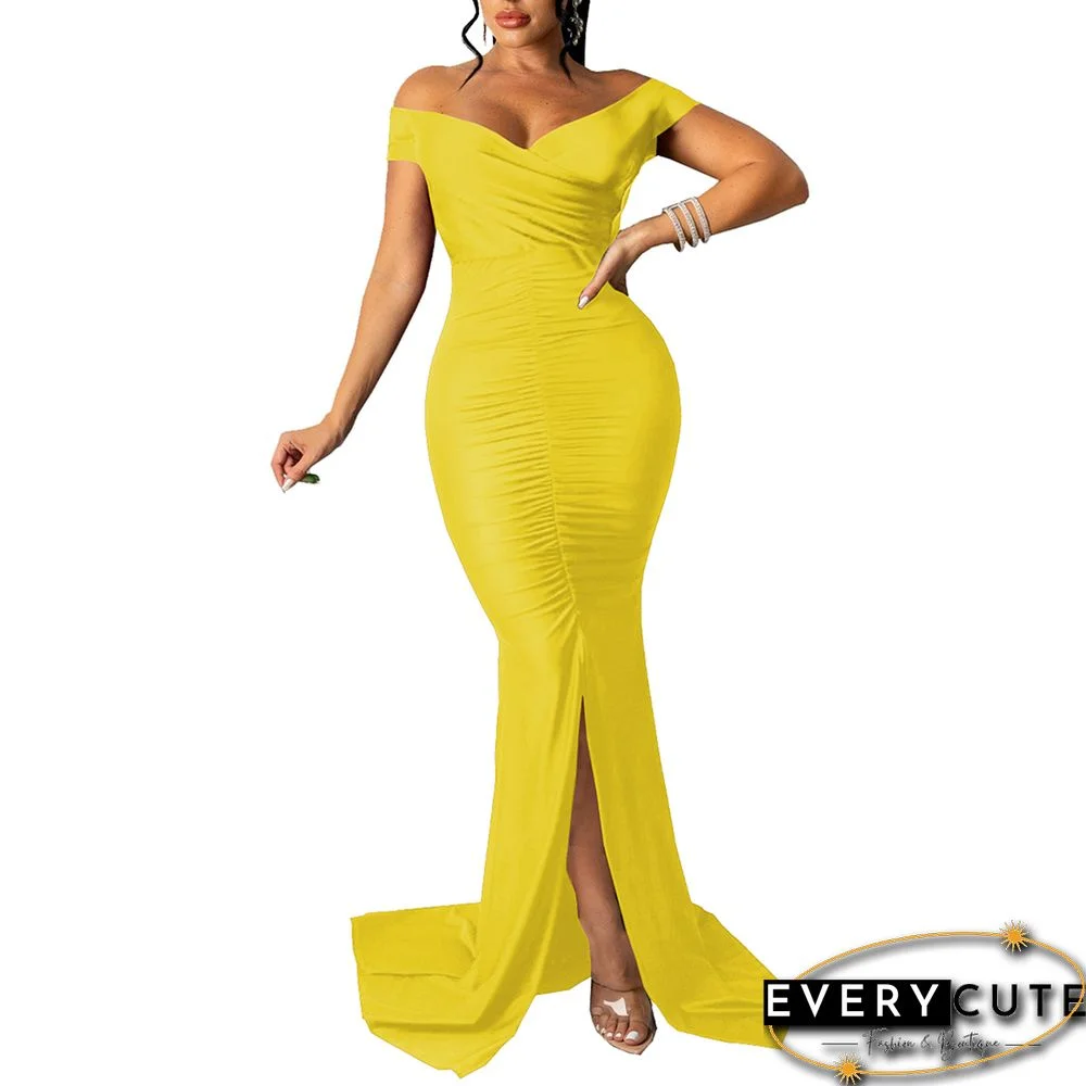 Yellow Off Shoulder Pleated Split Maxi Evening Dress