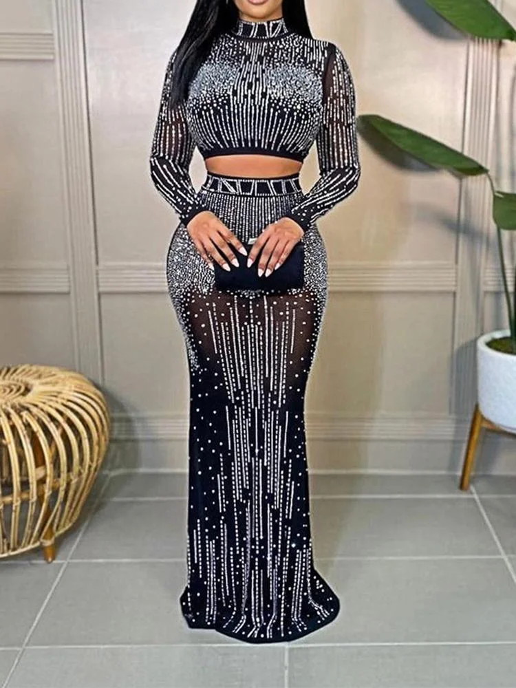 Promsstyle Mock neck long sleeve crop top with high waist maxi skirt set Prom Dress 2023