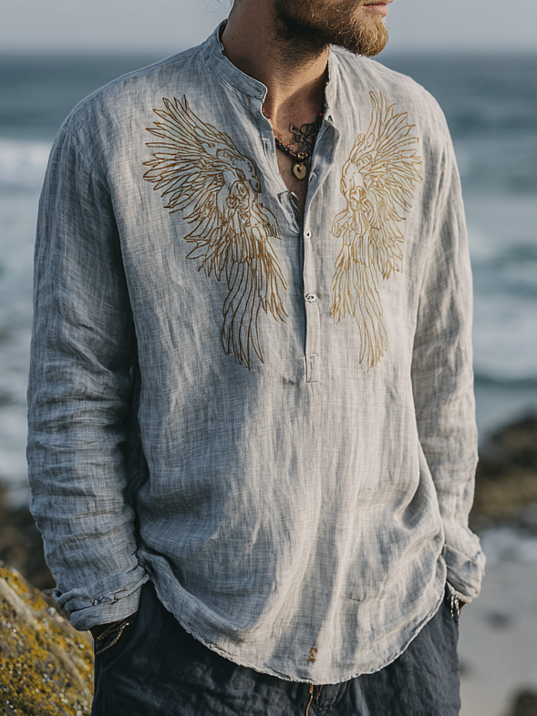 Men's Viking-Inspired Celtic Long Sleeve Linen Henley Shirt / Rvogue / Rvogue