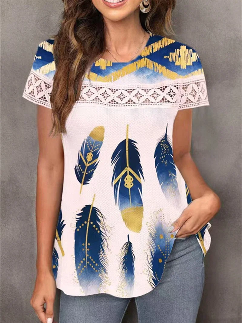 Women's Round Neck Short Sleeve Geometric Print Top Shirt