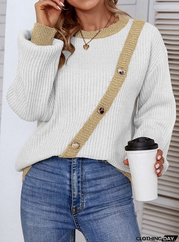 COLOR BUTTON CREW NECK PULLOVER LANTERN SLEEVE SWEATER