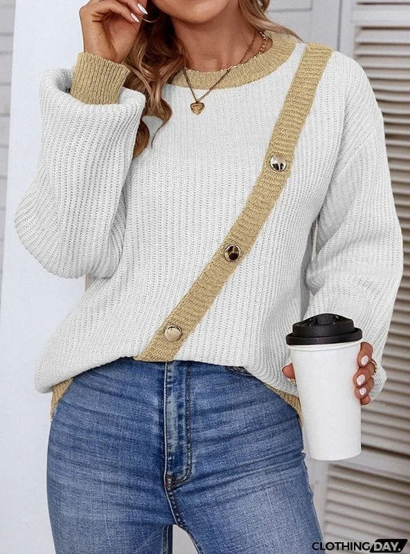 COLOR BUTTON CREW NECK PULLOVER LANTERN SLEEVE SWEATER