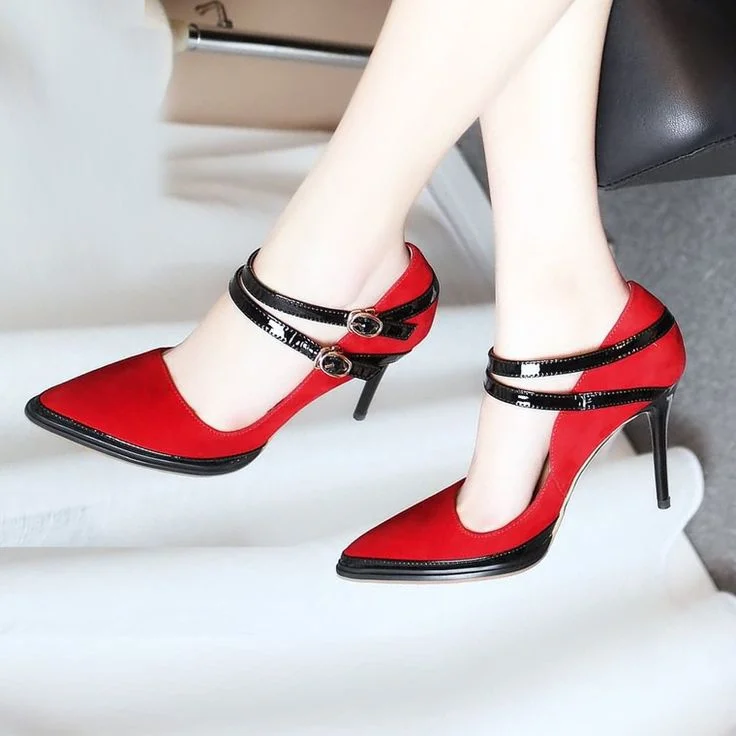 Women's Vampire Red Pointy Toe Suede Double Ankle Strap Pumps for Halloween |FSJ Shoes